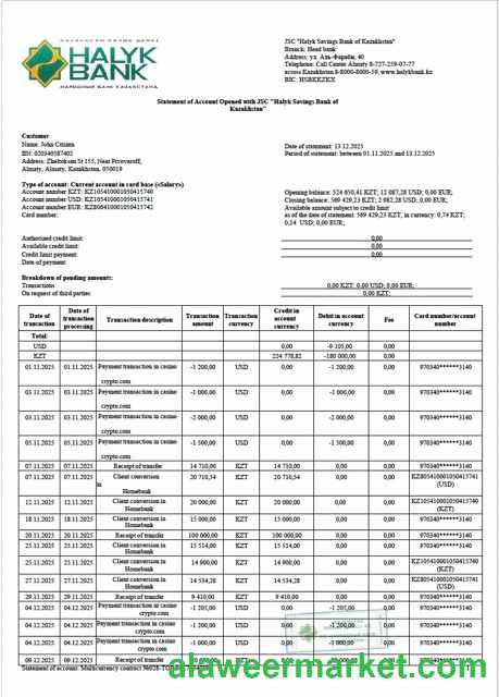 Kazakhstan Halyk Bank statement of account Word and PDF template